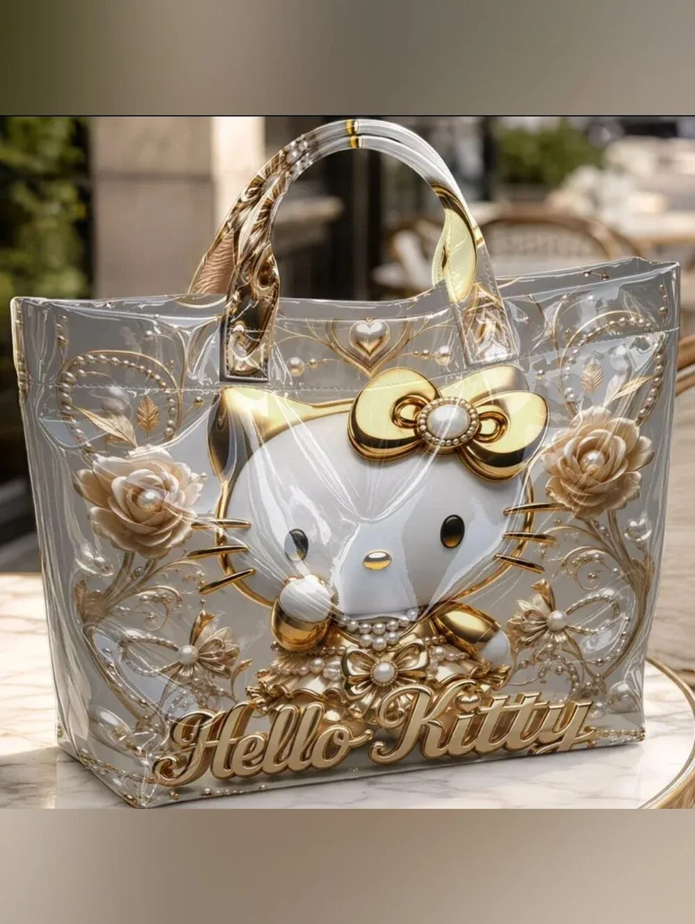 Hello Kitty Golden Glossy Rose Pearls PVC Large Women Hand Tote